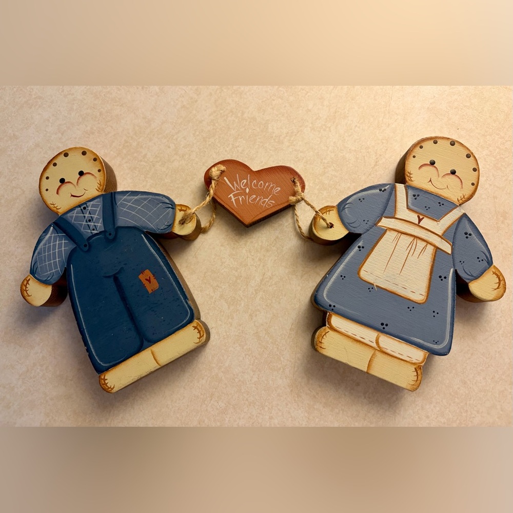 90s Vintage Handmade Amish Kids Wooden Figurines – “Welcome Friends”